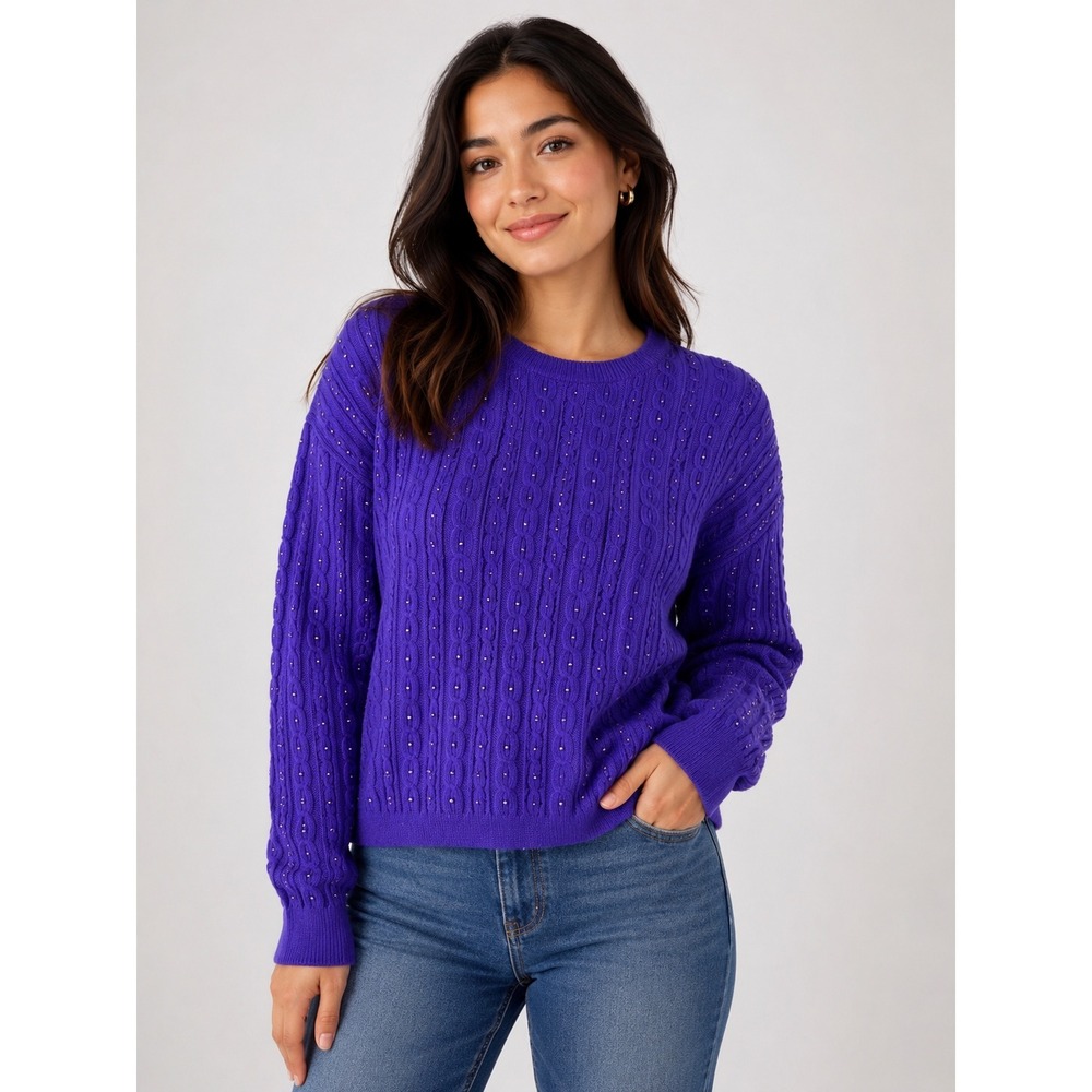 Jones New York Purple Cable Knit‎ Studded Crewneck Sweater Womens Large